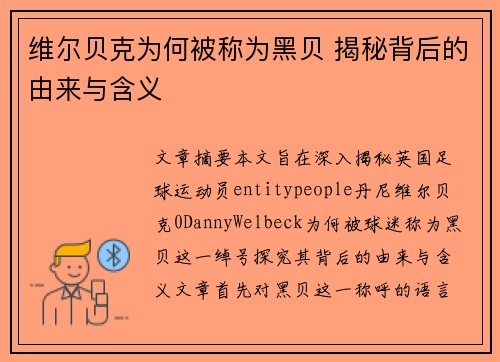 维尔贝克为何被称为黑贝 揭秘背后的由来与含义