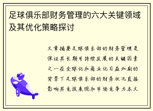 足球俱乐部财务管理的六大关键领域及其优化策略探讨 足球俱乐部财务管理的六大关键领域及其优化策略探讨