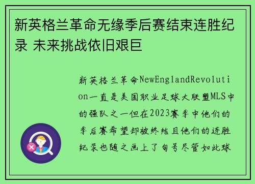 新英格兰革命无缘季后赛结束连胜纪录 未来挑战依旧艰巨
